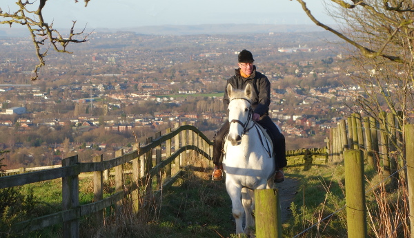 A man rifing a horse on one of the bridleways in the Park, Manchester in the background.
