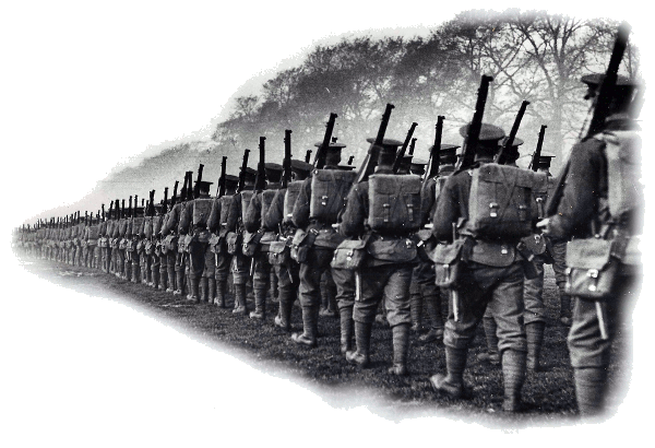A long line of soldiers marching to war.